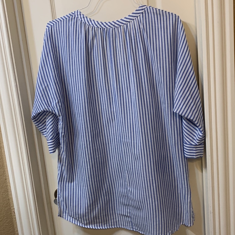 Zara Women’s V-Neck 3/4 Dolman Sleeve Blue & White Striped Hi-Low Tunic Top - Picture 6 of 7